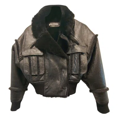 Pre-owned Balmain Vintage Black Leather Shearling Cropped Aviator Jacket Xs