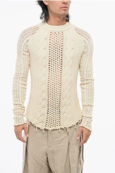 Balmain Vintage Effect Perforated Cable-knit Sweater In White
