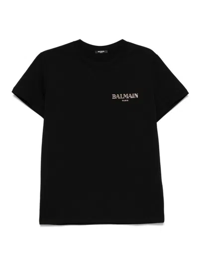 Balmain Black Crewneck T-shirt With Logo Print In Cotton Man
