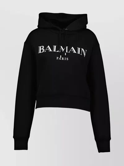 Balmain Vintage Print Hooded Sweatshirt With Long Sleeves In Black
