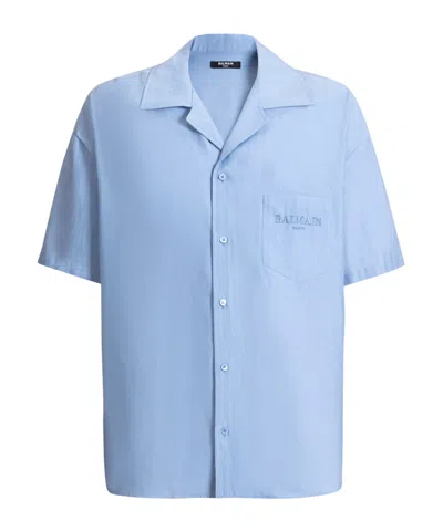 Balmain Vintage Shirt In Herringbone Poplin In Blue