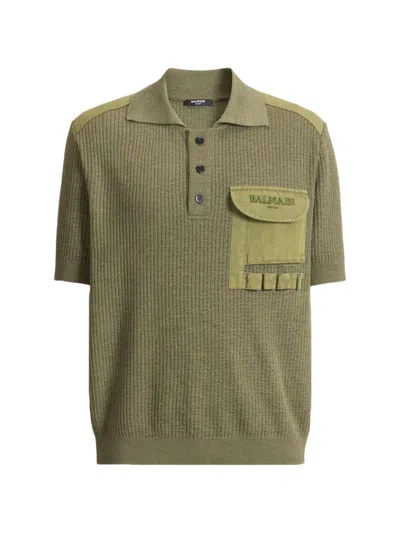 Balmain Vintage Utility Ribbed Knit Polo In Green
