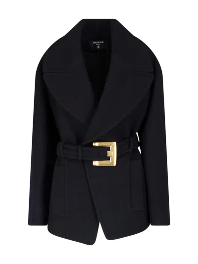 Balmain Virgin Wool Belt Coat In Black