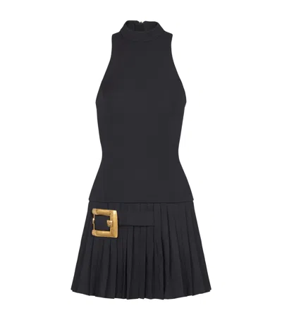 Balmain Virgin Wool Belt-detail Mini Dress In Black