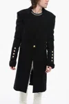 Balmain Virgin Wool Blend Coat With Ribbed Knitted Details In Black