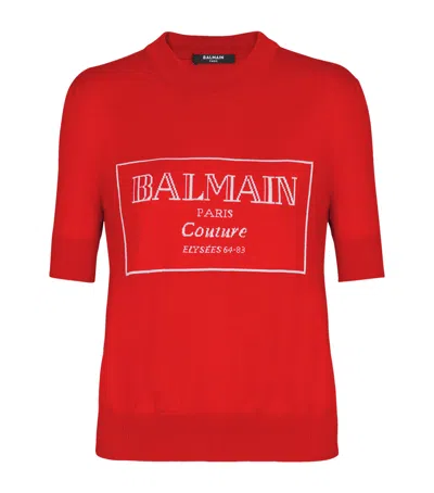 Balmain Virgin Wool Couture Logo Top In Red