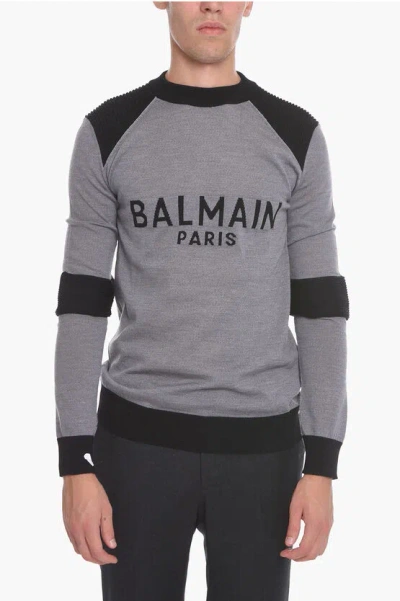 Balmain Virgin Wool Crewneck Sweater With Ribbed Details In Gray