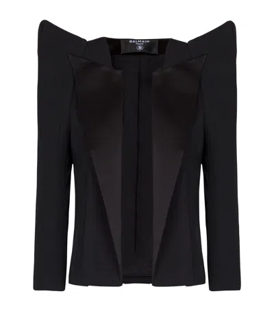 Balmain Cropped Grain De Poudre Jacket With Structured Shoulders In Black