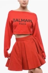 Balmain Virgin Wool Cropped Sweater With Boat Neckline In Red