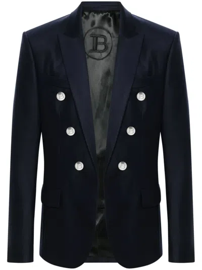 Balmain Virgin-wool Double-breasted Blazer In Blue