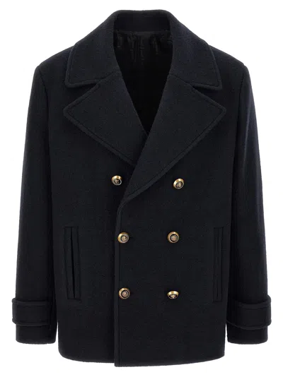 Balmain Virgin Wool Double-breasted Coat In Black