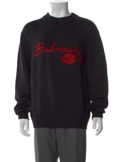 Pre-owned Balmain Virgin Wool Graphic Print Pullover In Black