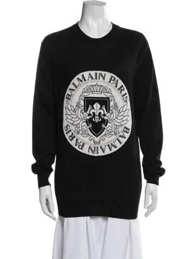 Pre-owned Balmain Virgin Wool Graphic Print Sweater In Black