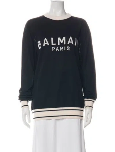 Pre-owned Balmain Virgin Wool Graphic Print Sweater In Black