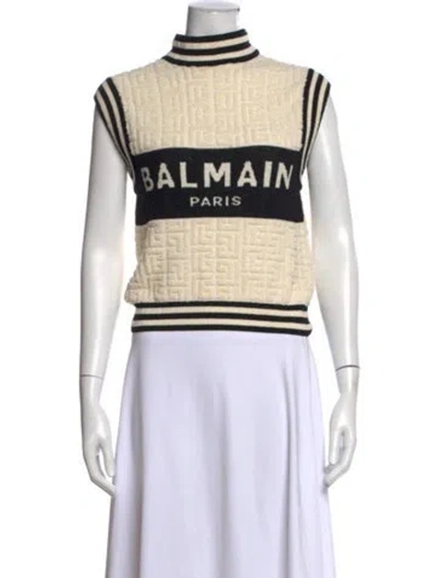 Pre-owned Balmain Virgin Wool Graphic Print Sweater In Neutral
