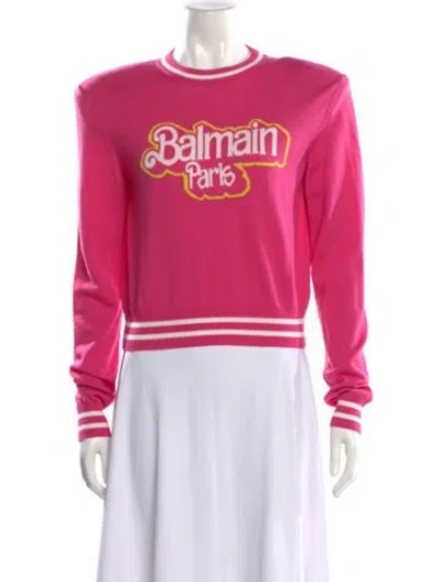 Pre-owned Balmain Virgin Wool Graphic Print Sweater In Pink