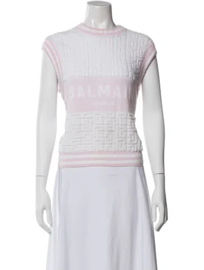 Pre-owned Balmain Virgin Wool Graphic Print Top In White