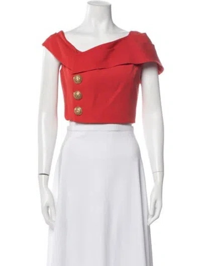 Pre-owned Balmain Virgin Wool Off-the-shoulder Crop Top In Red