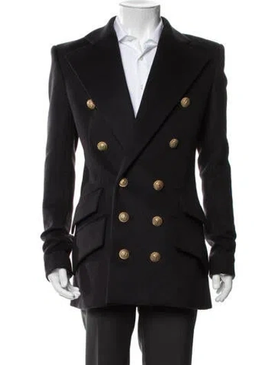 Pre-owned Balmain Virgin Wool Peacoat In Black