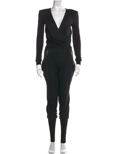 Pre-owned Balmain Virgin Wool V-neck Jumpsuit In Black