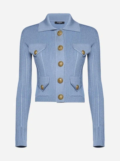 Balmain Viscose-blend Cardigan In Pale Blue