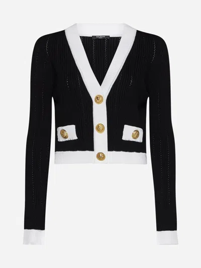 Balmain Contrast-border Ribbed Knit Cardigan In Black,white