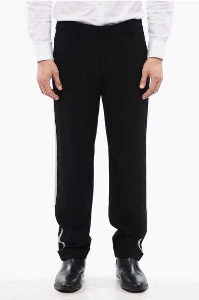 Balmain Viscose Chinos Pants With Side Rhinestoned Bands In Black