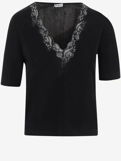 Balmain Viscose With Lace V-neck Blouse In Black