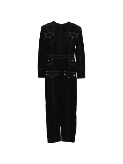 Pre-owned Balmain V-neck Denim Jumpsuit In Black