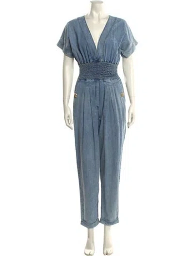 Pre-owned Balmain V-neck Jumpsuit In Blue