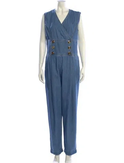 Pre-owned Balmain V-neck Jumpsuit In Blue