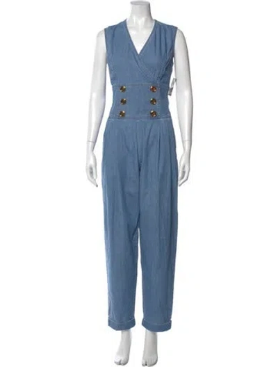 Pre-owned Balmain V-neck Jumpsuit In Blue