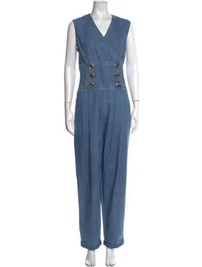 Pre-owned Balmain V-neck Jumpsuit In Blue