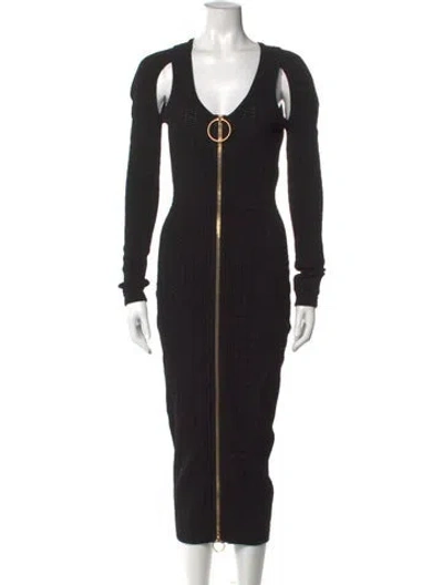 Pre-owned Balmain V-neck Midi Length Dress In Black