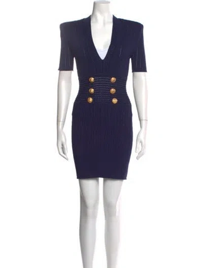 Pre-owned Balmain V-neck Mini Dress In Blue