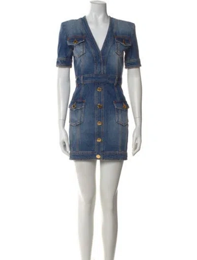 Pre-owned Balmain V-neck Mini Dress In Blue