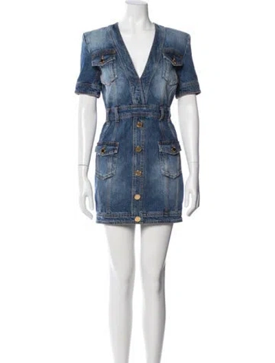 Pre-owned Balmain V-neck Mini Dress In Blue