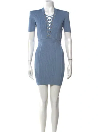 Pre-owned Balmain V-neck Mini Dress In Blue