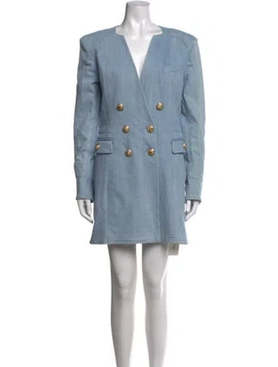 Pre-owned Balmain V-neck Mini Dress In Blue