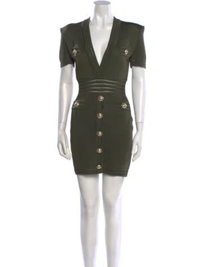 Pre-owned Balmain V-neck Mini Dress In Green