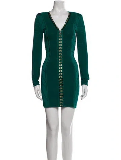 Pre-owned Balmain V-neck Mini Dress In Green