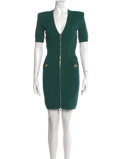 Pre-owned Balmain V-neck Mini Dress In Green