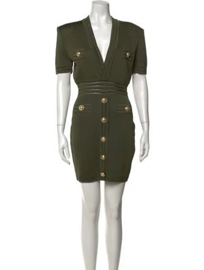 Pre-owned Balmain V-neck Mini Dress In Green