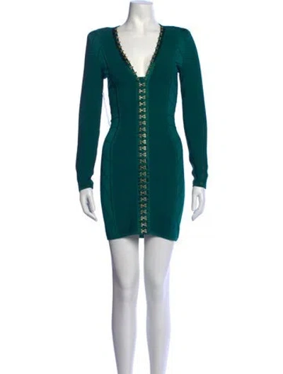 Pre-owned Balmain V-neck Mini Dress In Green