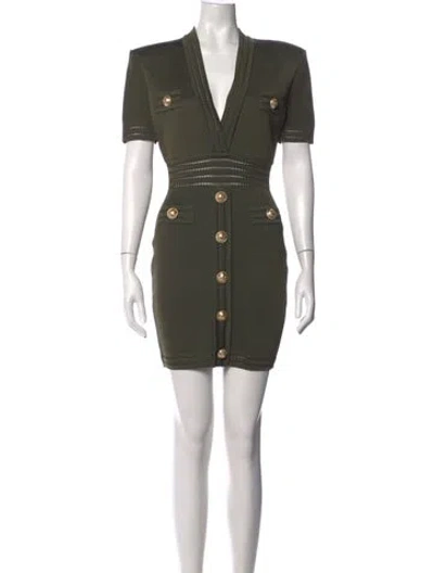 Pre-owned Balmain V-neck Mini Dress W/ Tags In Green