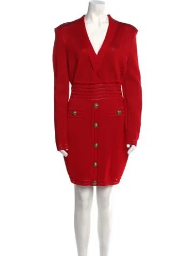 Pre-owned Balmain V-neck Mini Dress W/ Tags In Red