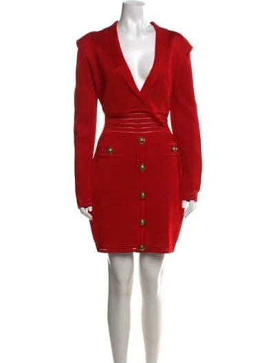 Pre-owned Balmain V-neck Mini Dress W/ Tags In Red