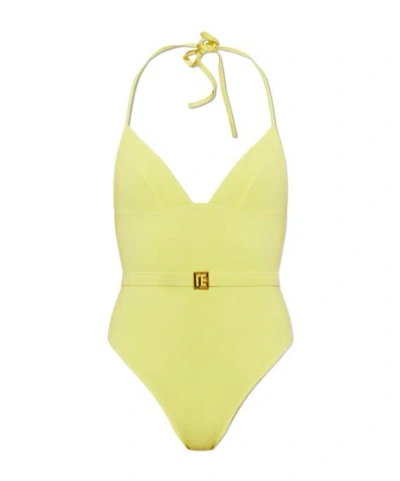 Balmain Belted Logo-plaque Swimsuit In Yellow
