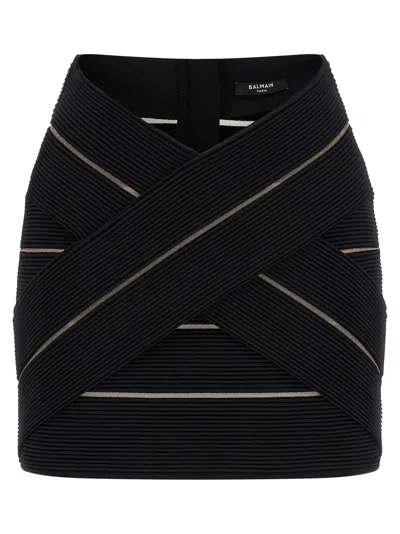 Balmain V-waist Mesh Insert Stretch Mini Skirt In Black