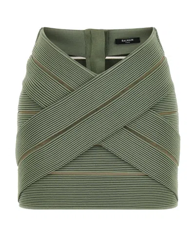 Balmain V-waist Mesh Insert Stretch Mini Skirt In Green